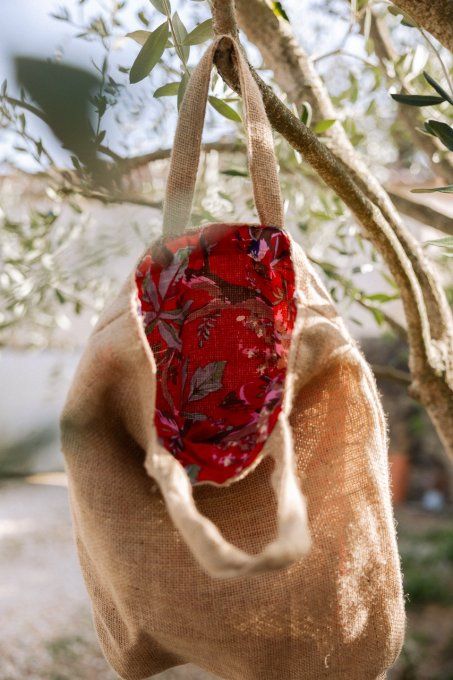 Cabas en jute intérieur rouge fleuri