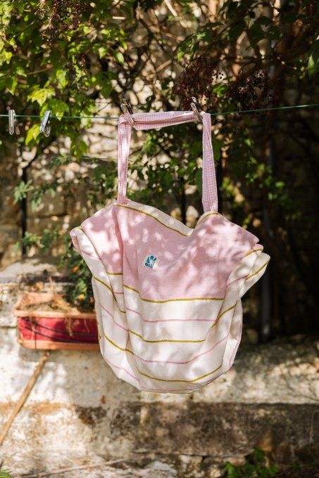 Grand sac fourre-tout rose pâle vichy et blanc
