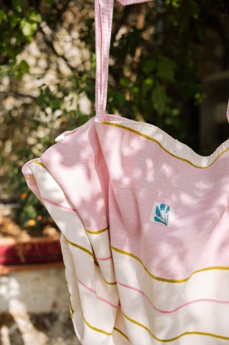 Grand sac fourre-tout rose pâle vichy et blanc
